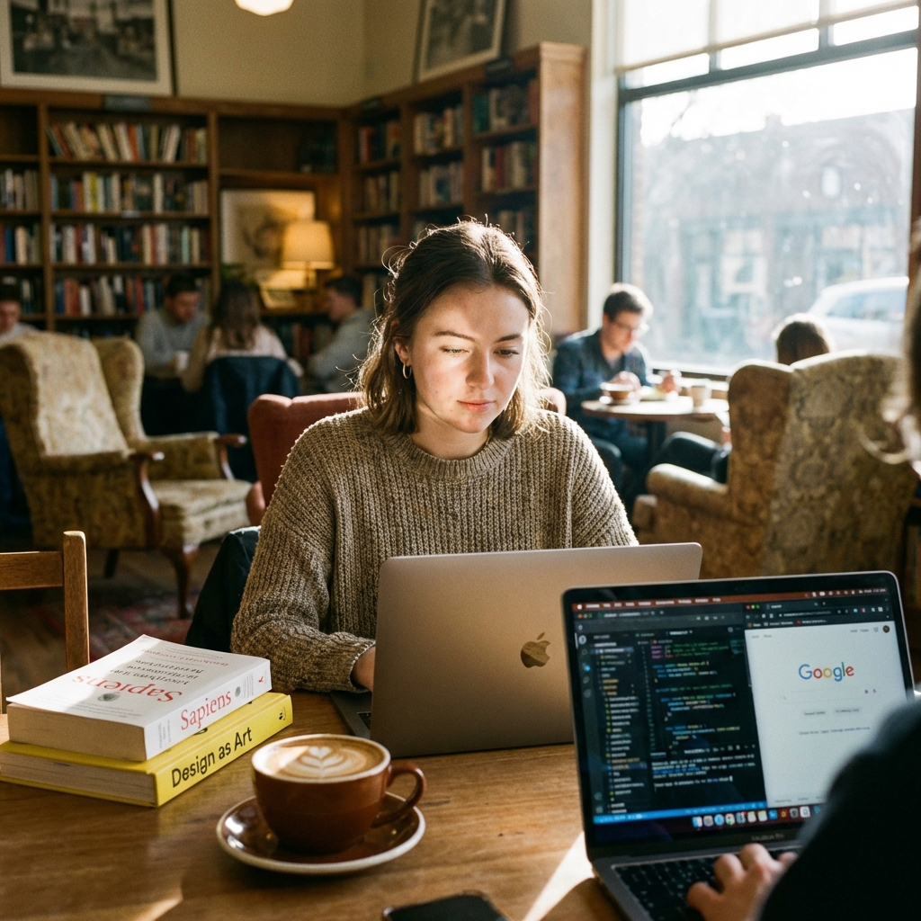 Student studying with laptop in cafe